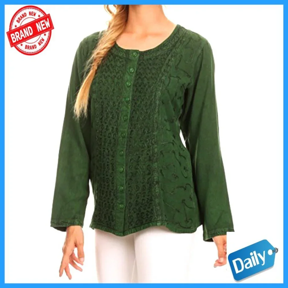 Long Sleeve Blouse with Adjustable Back Straps, 100% Rayon, Button Front